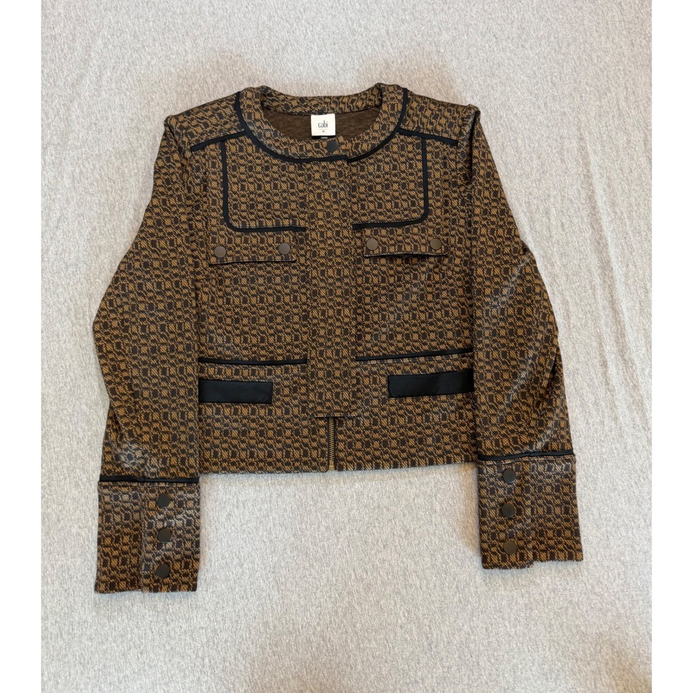 Cabi Check-In Jacket Brown Black Geometric Zip Front Blazer Style 4494 Size M